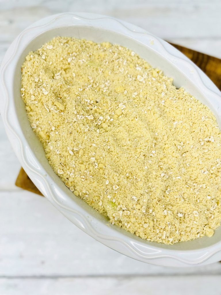 apple crumble recipe waiting to go into the oven