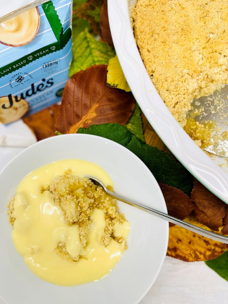 apple crumble recipe served in a bowl with lashings of Judes plant based custard